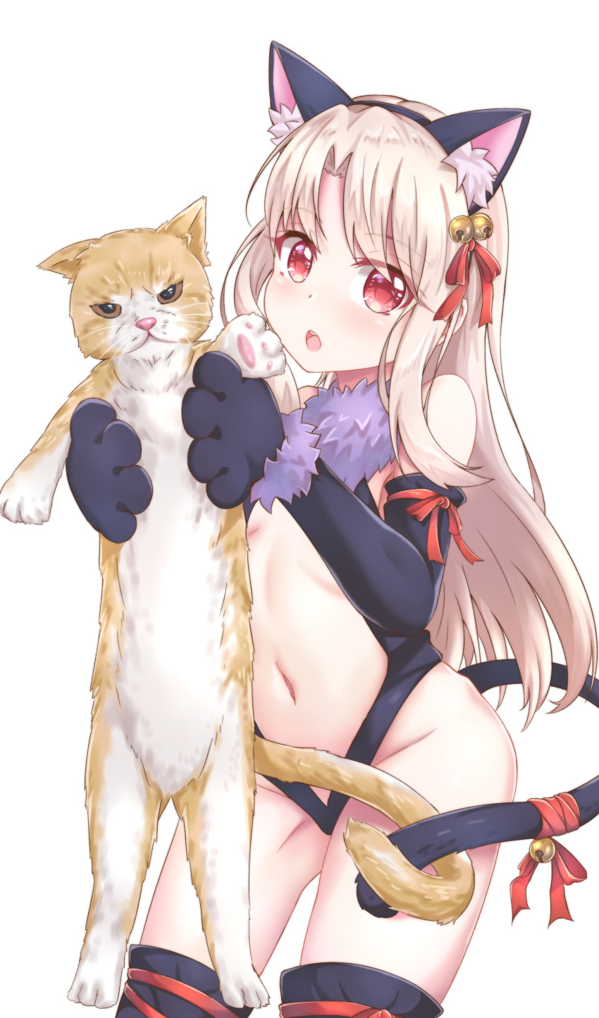 1girl absurdres animal animal_ear_fluff animal_ears bangs bare_shoulders bell black_gloves black_hairband black_leotard bow breasts cat cat_ears cat_girl cat_tail center_opening commentary_request elbow_gloves eyebrows_visible_through_hair fake_animal_ears fate/kaleid_liner_prisma_illya fate_(series) fur_trim gloves groin hair_bell hair_ornament hair_ribbon hairband head_tilt highres holding holding_animal illyasviel_von_einzbern jingle_bell leotard light_brown_hair long_hair navel open_mouth parted_bangs paw_gloves paws red_bow red_eyes red_ribbon ribbon round_teeth simple_background small_breasts solo tail tail_bell tail_bow teeth upper_teeth very_long_hair white_background zongren