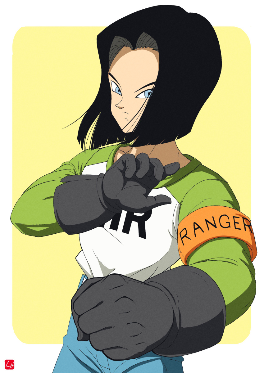 1boy absurdres android_17 armband black_gloves black_hair blue_eyes chris_re5 dragon_ball dragon_ball_super fighting_stance frown gloves hair_over_one_eye highres male_focus signature solo