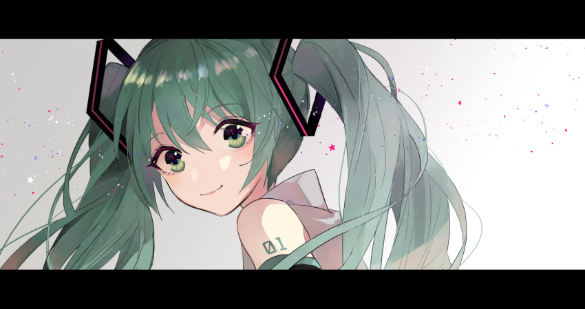 1girl aqua_eyes bare_shoulders blue_hair close-up detached_sleeves eyebrows_visible_through_hair floating_hair gradient gradient_background grey_background grey_shirt hair_between_eyes happy hatsune_miku letterboxed long_hair looking_at_viewer looking_back number number_tattoo shirt simple_background sleeveless sleeveless_shirt smile solo sparkle star sulfur_(1453rk) tattoo twintails upper_body vocaloid white_background