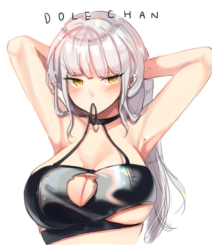 1girl absurdres armpits arms_behind_head arms_up artist_name bangs black_choker blunt_bangs blush breasts choker cleavage closed_mouth collarbone dole_(lo628) dungeon_and_fighter eyebrows_visible_through_hair hair_tie halter_top halterneck highres large_breasts long_hair looking_at_viewer mole mole_on_armpits mouth_hold original shiny shiny_hair sidelocks silver_hair simple_background solo standing under_boob upper_body white_background yellow_eyes