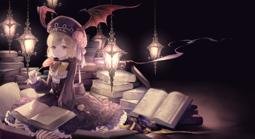 1girl :&lt; absurdres asmodeus_(goetia_x) bangs beret black_dress black_footwear black_hat blonde_hair book bow buttons candy dress fingernails flower food frilled_dress frills gem goetia_x hat hat_flower head_wings highres holding holding_food huge_filesize lamp lollipop long_sleeves looking_at_viewer nail_polish open_book pantyhose pink_flower pink_rose pointy_ears purple_nails red_eyes rose sharp_fingernails shoes_removed short_hair sitting solo striped striped_legwear vertical-striped_legwear vertical_stripes wariza yoggi_(stretchmen)