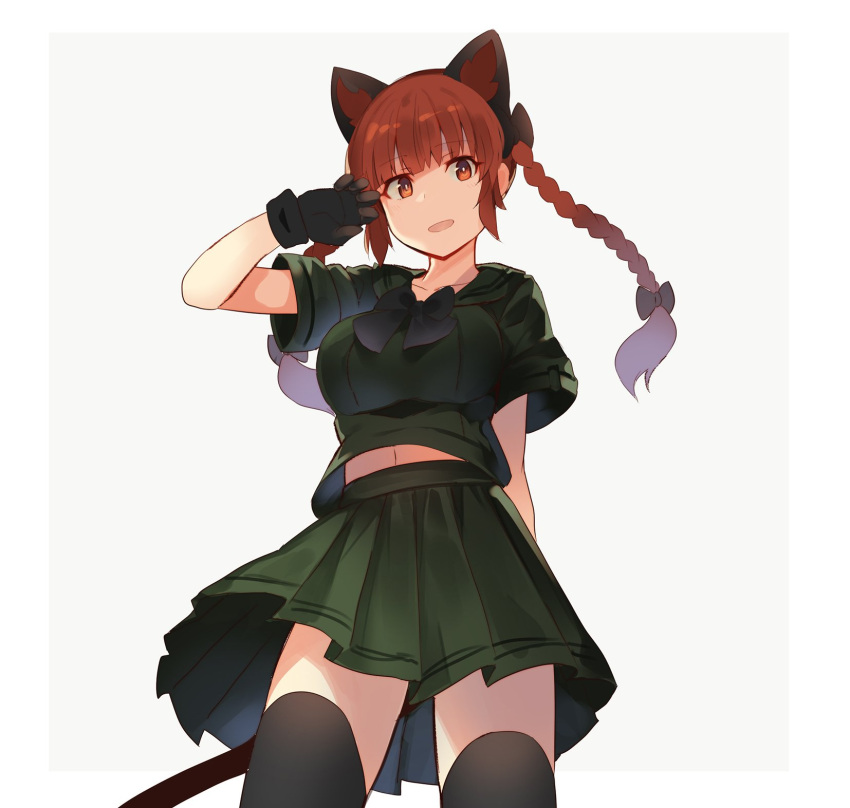 1girl alternate_costume animal_ears arm_behind_back arm_up bangs black_bow black_gloves black_legwear black_neckwear border bow braid breasts cat_ears cat_tail collarbone commentary_request contemporary cowboy_shot eyebrows_visible_through_hair gloves green_sailor_collar green_serafuku green_skirt grey_background hair_bow highres kaenbyou_rin large_breasts long_hair looking_at_viewer midriff_peek miniskirt navel open_mouth outside_border pleated_skirt red_eyes redhead rin_falcon sailor_collar school_uniform serafuku short_sleeves sidelocks simple_background skirt skirt_set smile solo standing tail thigh-highs thighs touhou twin_braids twintails white_border zettai_ryouiki