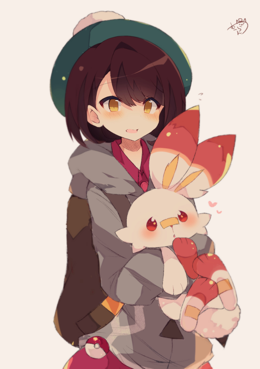 1girl backpack bag bangs blush brown_background brown_eyes brown_hair collared_shirt commentary_request creatures_(company) eyebrows_visible_through_hair female_protagonist_(pokemon_swsh) game_freak gen_8_pokemon green_hat grey_jacket hair_between_eyes hat heart highres hood hood_down hooded_jacket hug jacket long_sleeves looking_at_viewer muuran nintendo open_mouth parted_lips pokemon pokemon_(creature) pokemon_(game) pokemon_swsh puffy_long_sleeves puffy_sleeves red_eyes red_shirt scorbunny shirt signature simple_background tam_o'_shanter upper_body