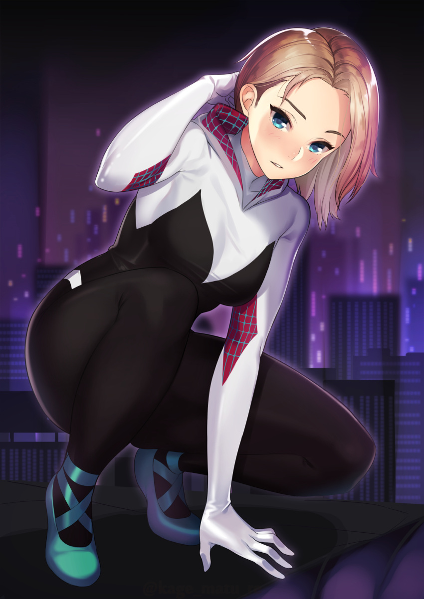 1girl arm_support asymmetrical_hair ballet_slippers blonde_hair blue_eyes bodysuit breasts building city gwen_stacy highres hood hood_down kagematsuri light_blush looking_at_viewer marvel night parted_lips rooftop short_hair solo spider-gwen spider-man:_into_the_spider-verse spider-man_(series) spider_web_print squatting superhero