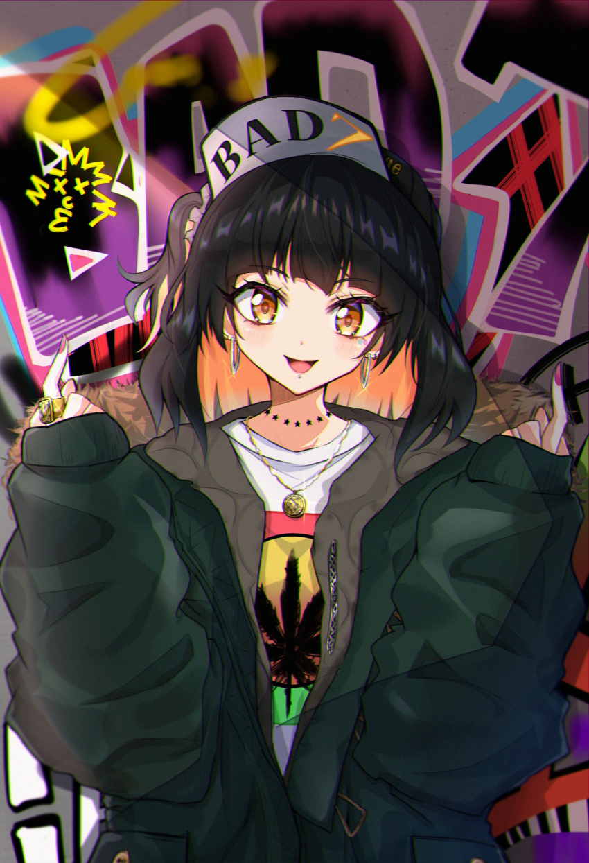 1girl :d bangs baseball_cap black_hair black_hat brown_jacket commentary_request earrings english_text eyebrows_visible_through_hair glint graffiti green_coat hair_ornament hands_up hat head_tilt highres hoop_earrings jacket jewelry long_hair long_sleeves looking_at_viewer middle_finger multicolored_hair nail_polish necklace one_side_up open_mouth orange_eyes orange_hair original oversized_clothes piercing pink_nails ring rudo_(rudorudo0917) shade shiny shiny_hair shirt sleeves_past_wrists smile solo standing sunlight t-shirt two-tone_hair upper_body white_shirt zipper zipper_pull_tab