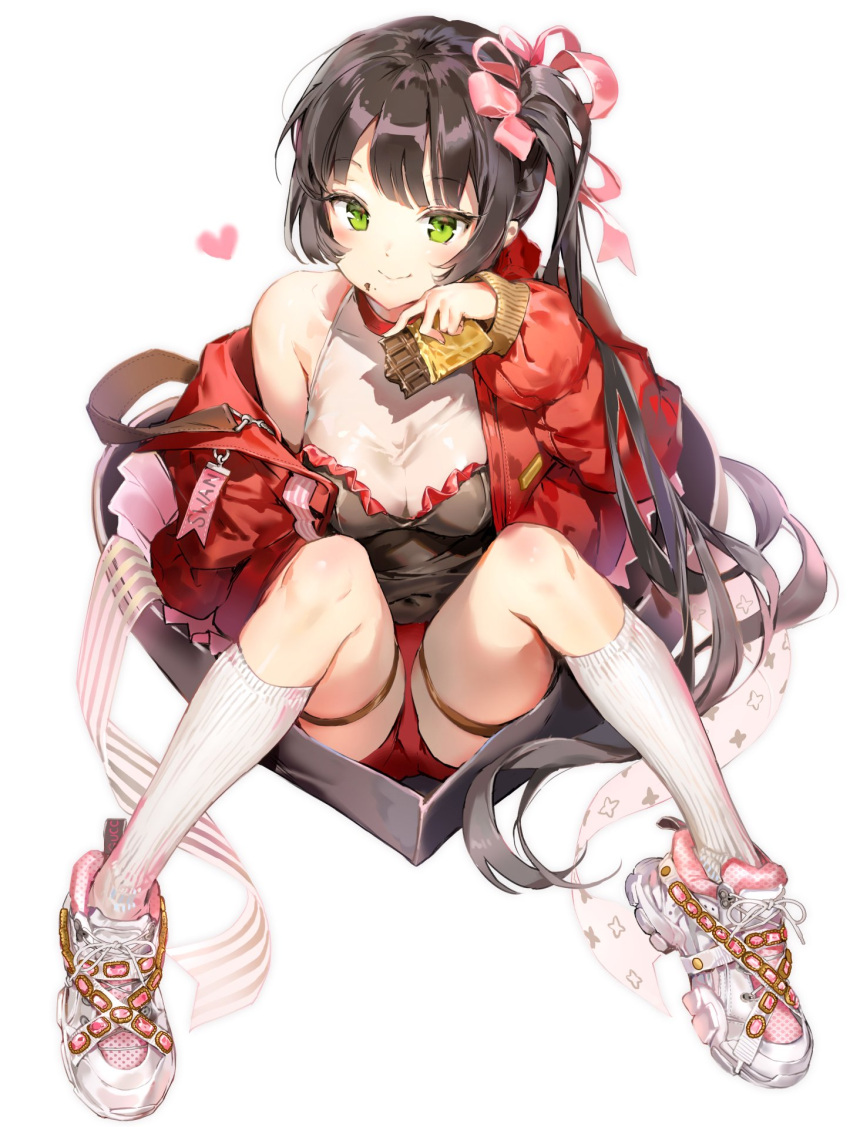 1girl anmi bangs bare_shoulders black_hair blush box chocolate closed_mouth collarbone commentary_request eyebrows_visible_through_hair food food_on_face gift gift_box green_eyes hair_ribbon heart heart-shaped_box highres holding holding_food jacket kneehighs long_hair long_sleeves looking_at_viewer off_shoulder original red_jacket ribbon shoes shorts side_ponytail simple_background sitting sleeveless smile sneakers solo thigh_strap valentine very_long_hair white_background white_legwear