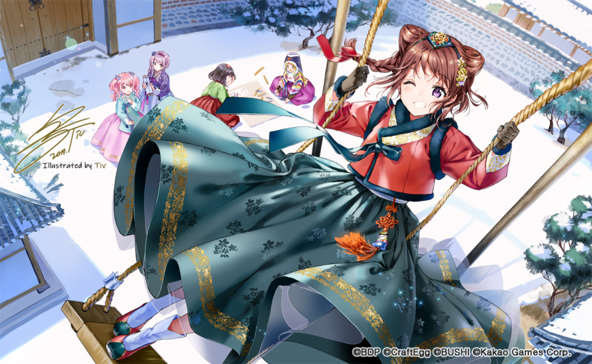 5girls bang_dream! black_hair blonde_hair boots braid brown_hair double_bun flower fur_trim gloves green_skirt grin hair_flower hair_ornament hair_ribbon hanbok highlights korean_clothes layered_skirt looking_at_viewer maruyama_aya minato_yukina mitake_ran multicolored_hair multiple_girls official_art one_eye_closed pink_hair pink_skirt playing_games purple_hair purple_skirt red_skirt redhead ribbon side_braid signature skirt smile snow swing tagme tiv toyama_kasumi tree tsurumaki_kokoro twintails two-tone_hair violet_eyes