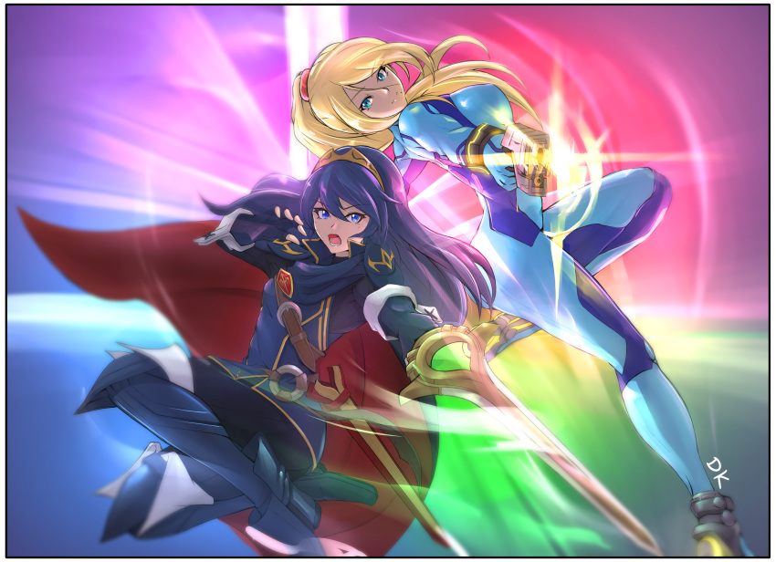 2girls armor blonde_hair blue_bodysuit blue_eyes blue_hair bodysuit breasts cape deekei falchion_(fire_emblem) fingerless_gloves fire_emblem fire_emblem:_kakusei gloves gun high_ponytail highres impossible_bodysuit impossible_clothes intelligent_systems long_hair looking_at_viewer lucina metroid mole mole_under_mouth multiple_girls nintendo open_mouth ponytail samus_aran shiny shiny_clothes skin_tight smile sora_(company) super_smash_bros. super_smash_bros._ultimate super_smash_bros_for_wii_u_and_3ds sword tiara weapon zero_suit