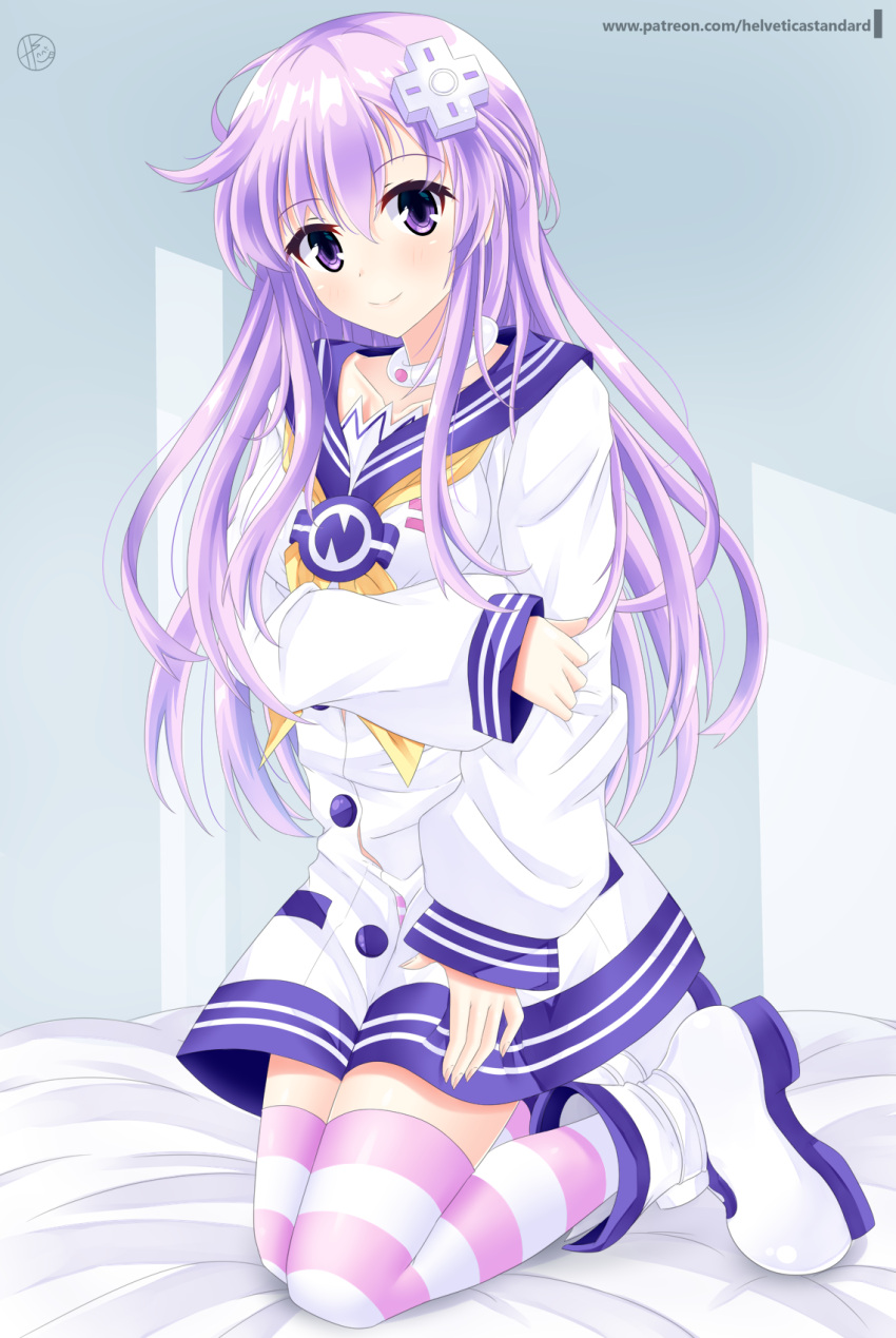1girl blush boots choker commentary d-pad d-pad_hair_ornament dress full_body hair_between_eyes hair_ornament hand_on_own_arm helvetica_5tandard highres indoors kneeling long_hair looking_at_viewer neckerchief nepgear neptune_(series) on_bed panties pantyshot pantyshot_(kneeling) purple_hair sailor_dress signature smile solo striped striped_legwear striped_panties thigh-highs underwear very_long_hair violet_eyes white_choker yellow_neckwear