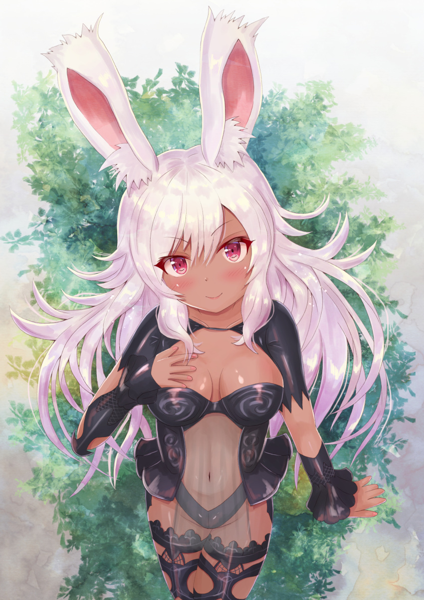 1girl animal_ear_fluff animal_ears blush breasts breasts_apart center_opening cleavage_cutout cocoasabure dark_skin eyebrows_visible_through_hair final_fantasy final_fantasy_xiv from_above hand_on_own_chest highres looking_at_viewer medium_breasts navel pink_hair rabbit_ears red_eyes see-through smile solo standing thigh-highs viera