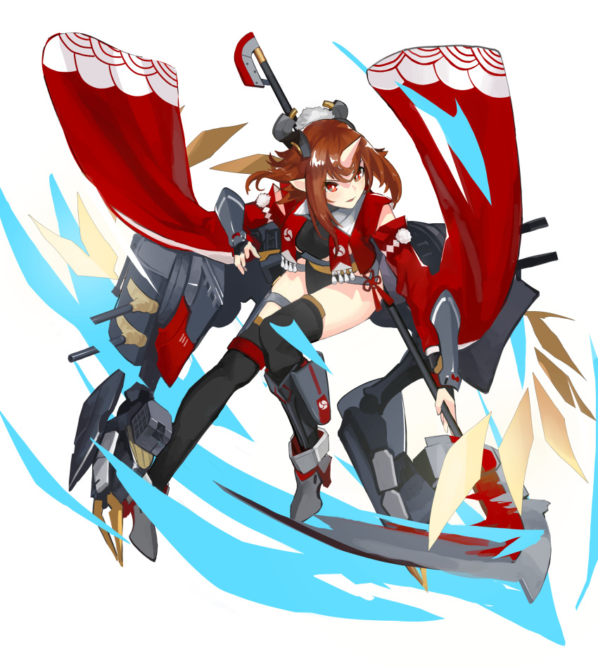 1girl absurdres ao_(1234painter) azur_lane bangs black_legwear breasts bridal_gauntlets bright_pupils brown_hair detached_sleeves full_body headgear high_heels highres holding holding_weapon horn long_sleeves medium_breasts medium_hair mogami_(azur_lane) naginata over-kneehighs pointy_ears polearm red_eyes remodel_(azur_lane) rigging simple_background solo tassel thigh-highs thigh_strap thighs turret weapon white_background white_pupils wide_sleeves