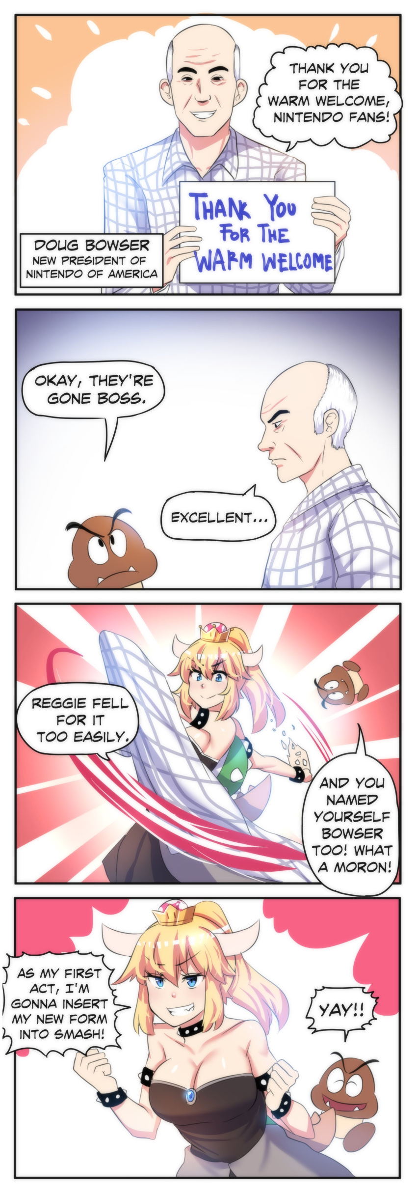 absurdres bald black_dress blonde_hair bowsette breasts comic cosplay crown doug_bowser doug_bowser_(cosplay) dress goomba highres hinghoi horns jewelry large_breasts super_mario_bros. new_super_mario_bros._u_deluxe nintendo super_crown