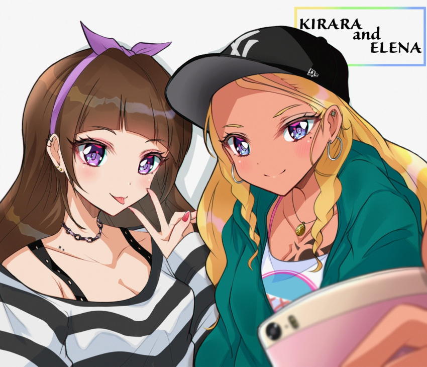 2girls :p amamiya_erena amanogawa_kirara bangs baseball_cap black_hat black_shirt blonde_hair blurry blurry_foreground breasts brown_hair cellphone character_name chest_tattoo cleavage closed_mouth collarbone dark_skin depth_of_field ear_piercing earrings eyebrows_visible_through_hair go!_princess_precure green_hoodie hairband hand_up hat holding holding_phone hood hoodie hoop_earrings jewelry long_hair long_sleeves looking_at_viewer medium_breasts mole mole_under_eye multiple_girls nail_polish necklace open_clothes open_hoodie phone piercing precure purple_hairband red_nails rudo_(rudorudo0917) self_shot shiny shiny_hair shirt sidelocks sleeves_past_wrists smartphone smile star star_twinkle_precure striped striped_shirt tattoo tongue tongue_out upper_body v violet_eyes white_background white_shirt