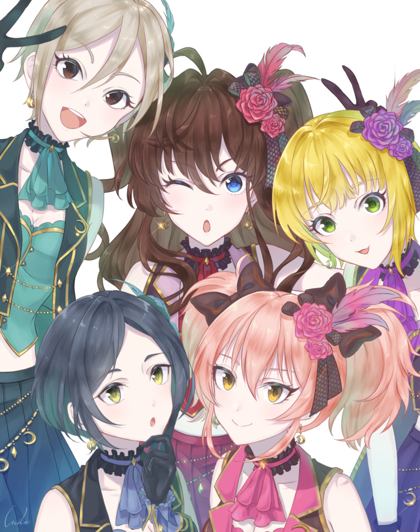 5girls :d :o ;o black_bow black_hair black_skirt blonde_hair blue_eyes blue_feathers blue_neckwear bow breasts brown_eyes brown_hair bunny_ears_prank choker cleavage collar earrings eyebrows_visible_through_hair flower green_eyes green_neckwear hair_between_eyes hair_bow hair_flower hair_ornament hayami_kanade highres ichinose_shiki idolmaster idolmaster_cinderella_girls idolmaster_cinderella_girls_starlight_stage inika jewelry jougasaki_mika lipps_(idolmaster) long_hair looking_at_viewer medium_breasts miyamoto_frederica multiple_girls necktie one_eye_closed open_mouth pink_hair pink_neckwear pleated_skirt purple_flower purple_neckwear purple_rose red_feathers red_flower red_neckwear red_rose red_skirt rose shiomi_shuuko short_hair silver_hair simple_background skirt smile sparkle twintails v white_background