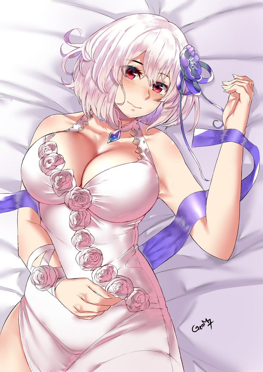 1girl alternate_costume artist_name azur_lane bed_sheet blush breasts choker cleavage closed_mouth collarbone dress eyebrows_visible_through_hair eyes_visible_through_hair fingernails flower genm7 hair_between_eyes hair_flower hair_ornament hair_ribbon halter_dress hand_on_own_stomach hand_up head_tilt highres large_breasts looking_at_viewer lying on_back purple_flower purple_ribbon red_eyes ribbon sapphire_(gemstone) short_hair sidelocks signature sirius_(azur_lane) solo white_dress white_hair
