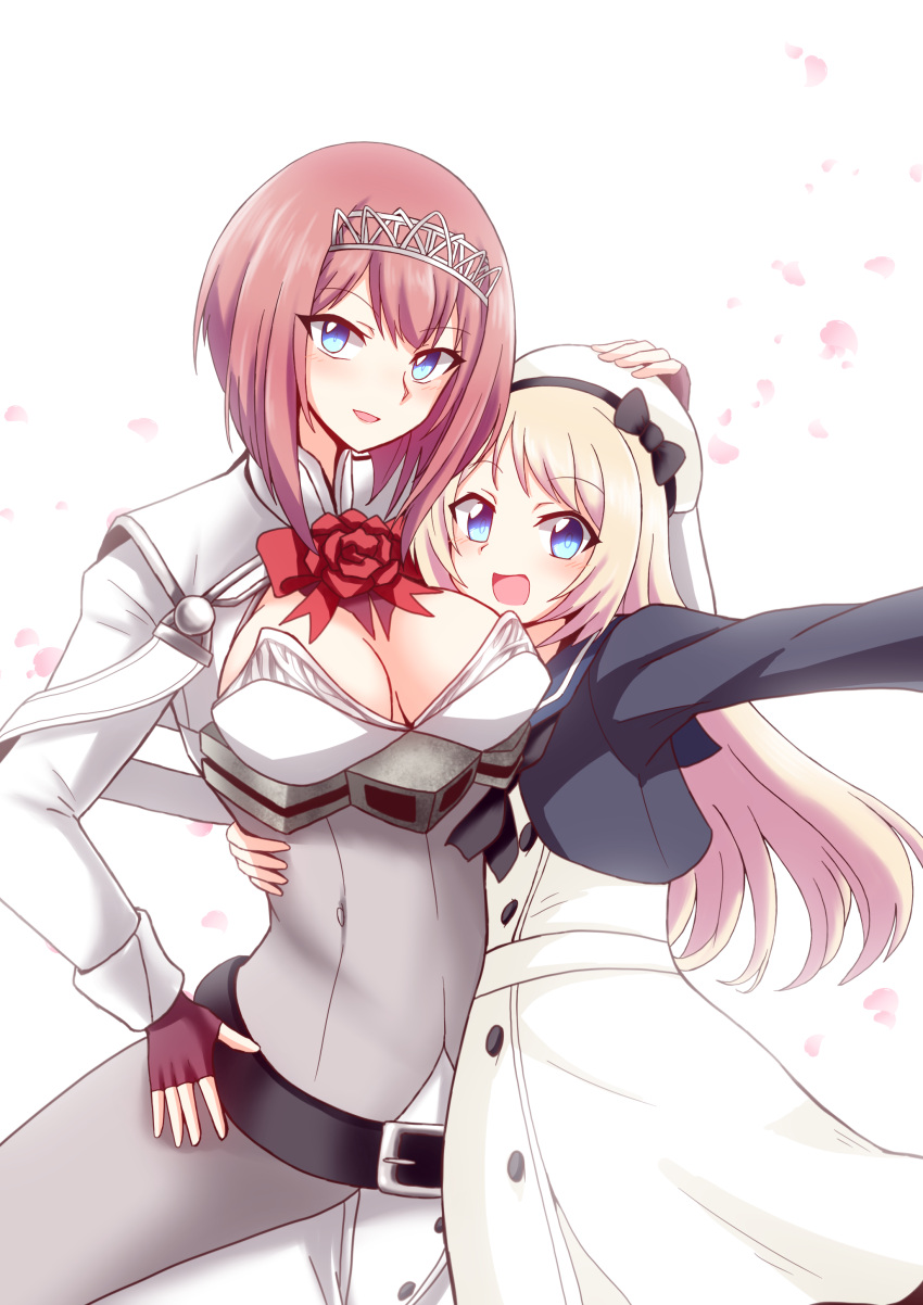 2girls absurdres adapted_costume ark_royal_(kantai_collection) bangs blonde_hair blue_eyes blue_sailor_collar blunt_bangs bob_cut brown_gloves cherry_blossoms cleavage_cutout corset cowboy_shot dress fingerless_gloves flower gloves hairband hand_on_another's_head hat highres jervis_(kantai_collection) kantai_collection long_sleeves looking_at_viewer multiple_girls open_mouth petals red_flower red_ribbon red_rose redhead ribbon rose sailor_collar sailor_dress sailor_hat short_hair smile suke_(share_koube) tiara white_background white_dress white_gloves white_hat