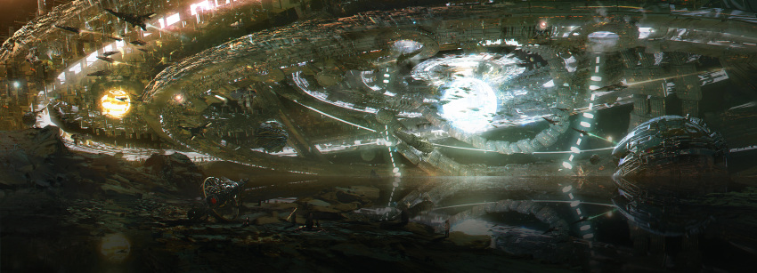 absurdres binary_star dyson_sphere epic glowing highres kvpk5428 no_humans original reflection scenery science_fiction space space_craft star_(sky) technology