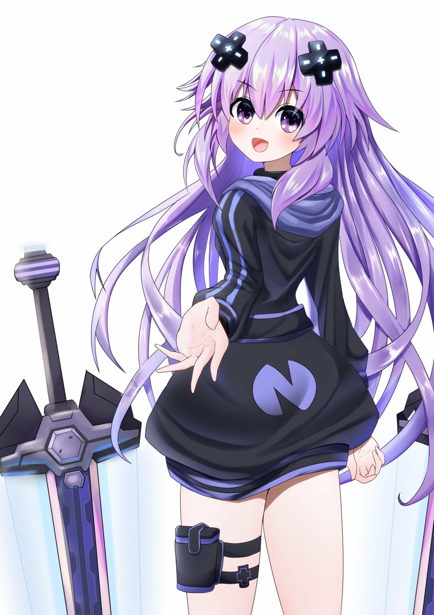 1girl :d adult_neptune bare_legs blush commentary_request cowboy_shot d-pad d-pad_hair_ornament from_behind hair_between_eyes hair_ornament highres holster hood hooded_jacket jacket long_hair looking_at_viewer looking_back neptune_(series) open_mouth purple_hair reaching_out shin_jigen_game_neptune_vii simple_background smile solo sword thigh_strap very_long_hair violet_eyes weapon white_background