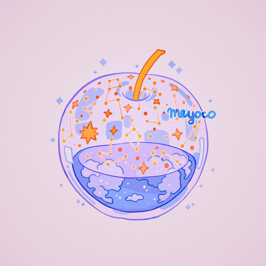 apple artist_name clouds constellation food fruit lavender_background liquid meyoco no_humans original simple_background sparkle sun transparent