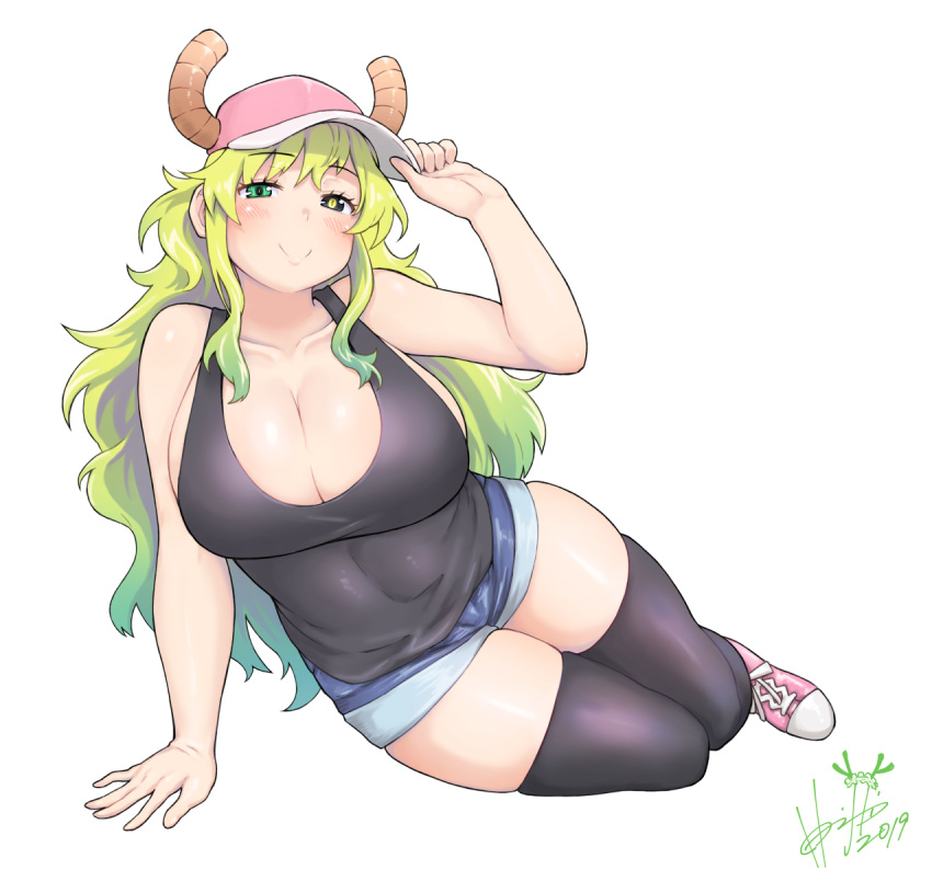 1girl aqua_hair arm_support baseball_cap black_legwear black_shirt blonde_hair blush breasts collarbone commentary_request dragon_horns eyebrows_visible_through_hair gradient_hair green_eyes green_hair hand_on_headwear hat heterochromia highres hori_shin horns huge_breasts kobayashi-san_chi_no_maidragon long_hair looking_at_viewer multicolored_hair number quetzalcoatl_(maidragon) shirt shoes short_shorts shorts signature simple_background sitting sleeveless sleeveless_shirt smile sneakers solo tank_top thigh-highs very_long_hair violet_eyes white_background