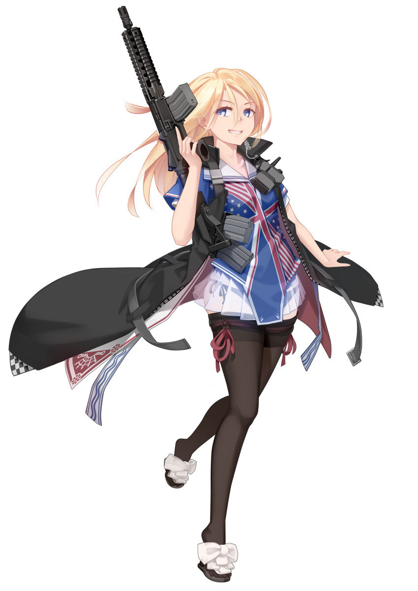 1girl absurdres american_flag assault_rifle black_panties blonde_hair blue_eyes earpiece full_body grin gun highres holding holding_gun holding_weapon long_hair looking_to_the_side original panties rifle see-through side-tie_panties smile solo thigh-highs trigger_discipline underwear union_jack vectorek weapon weapon_request white_background