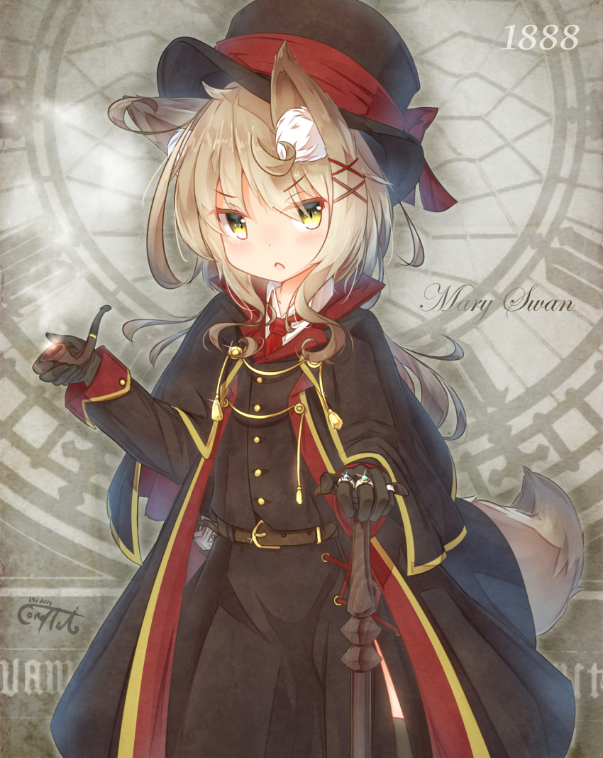 1888 1girl animal_ear_fluff animal_ears bangs belt belt_buckle black_gloves black_hat black_jacket black_skirt black_vest blush bow brown_belt buckle cane collared_shirt commentary_request coreytaiyo dog_ears dog_girl dog_tail eyebrows_visible_through_hair gloves hair_between_eyes hair_ornament hat hat_bow highres holding holding_pipe jacket jewelry light_brown_hair long_hair looking_at_viewer necktie open_clothes open_jacket original parted_lips pipe red_bow red_neckwear ring shirt skirt solo tail v-shaped_eyebrows vest white_shirt x_hair_ornament yellow_eyes