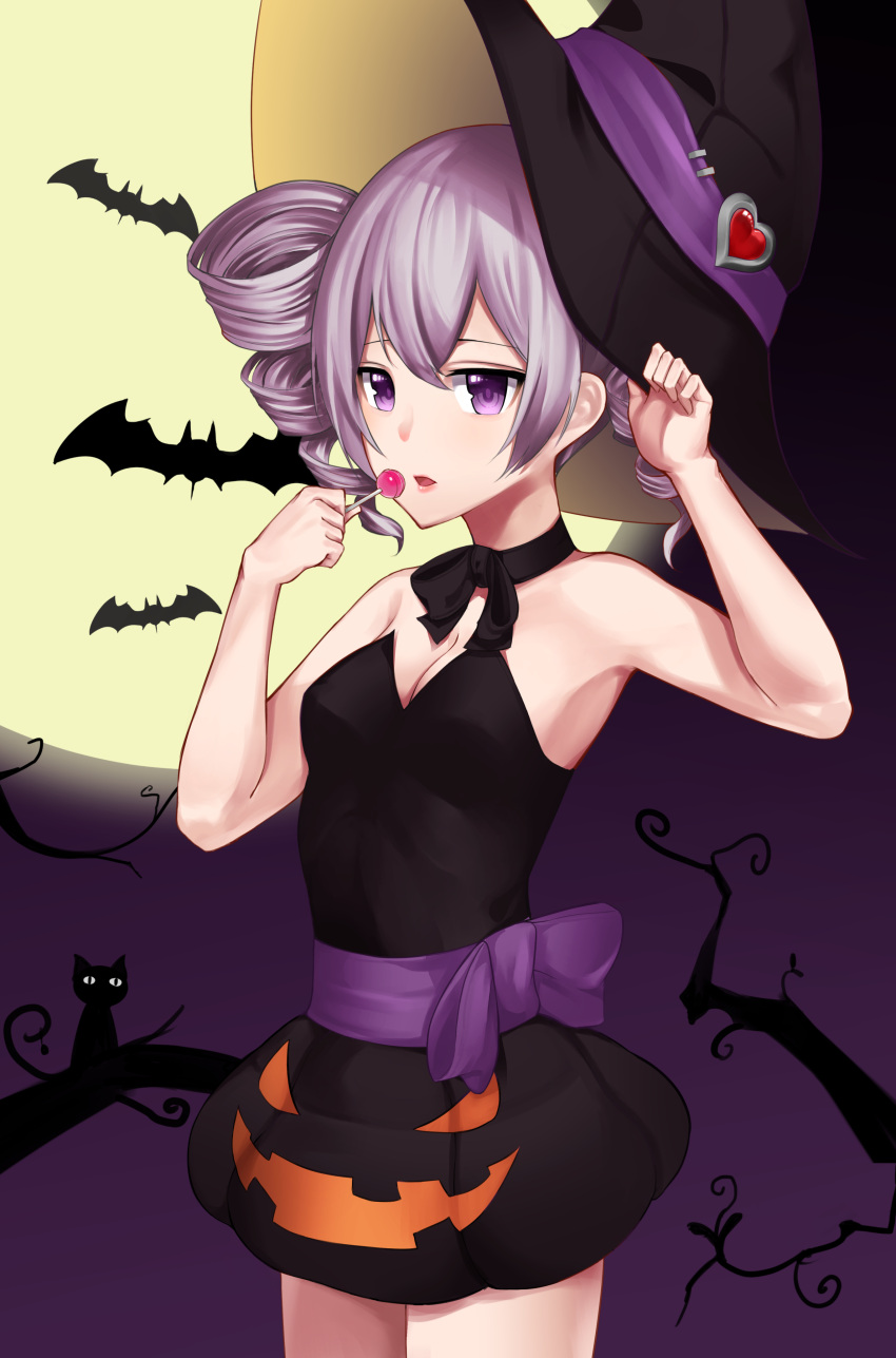 1girl absurdres alternate_eye_color alternate_skin_color bat black_dress black_hat black_ribbon breasts cat choker cleavage cowboy_shot dress drill_hair halloween halloween_costume hat hat_ribbon heart_hat_ornament highres holding_lollipop honkai_(series) honkai_impact_3 kasane_teto medium_breasts moon open_mouth pleated_dress print_dress purple_ribbon ribbon ribbon_choker short_dress silver_hair solo standing star741 strapless strapless_dress twin_drills twintails violet_eyes witch_hat