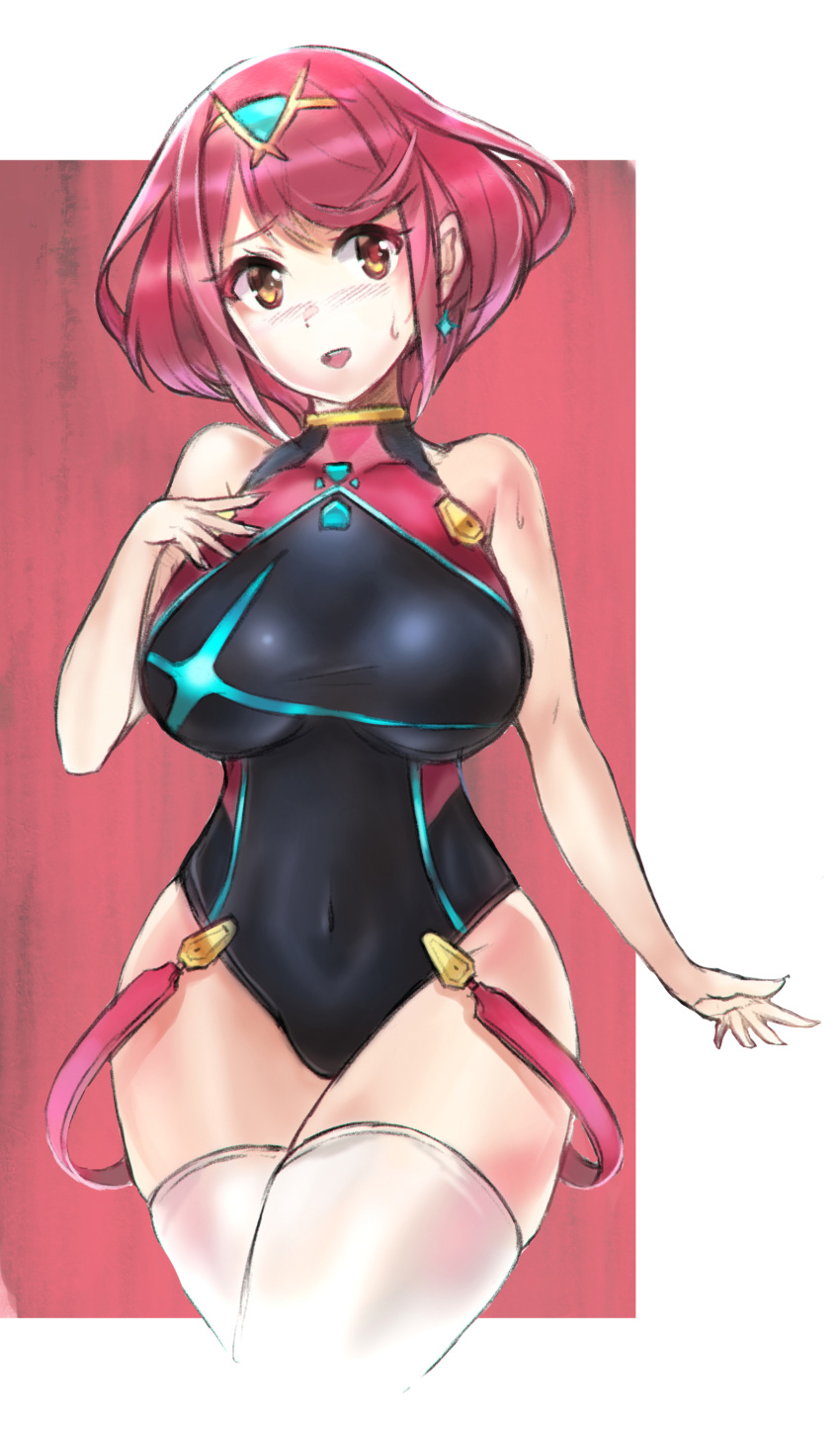 1girl absurdres bangs bare_shoulders blush breasts cawang competition_swimsuit earrings gem hair_ornament headpiece highres pyra_(xenoblade) jewelry large_breasts looking_at_viewer nintendo one-piece_swimsuit pose red_background red_eyes redhead short_hair shy simple_background solo sweat sweatdrop swept_bangs swimsuit tiara white_background xenoblade_(series) xenoblade_2