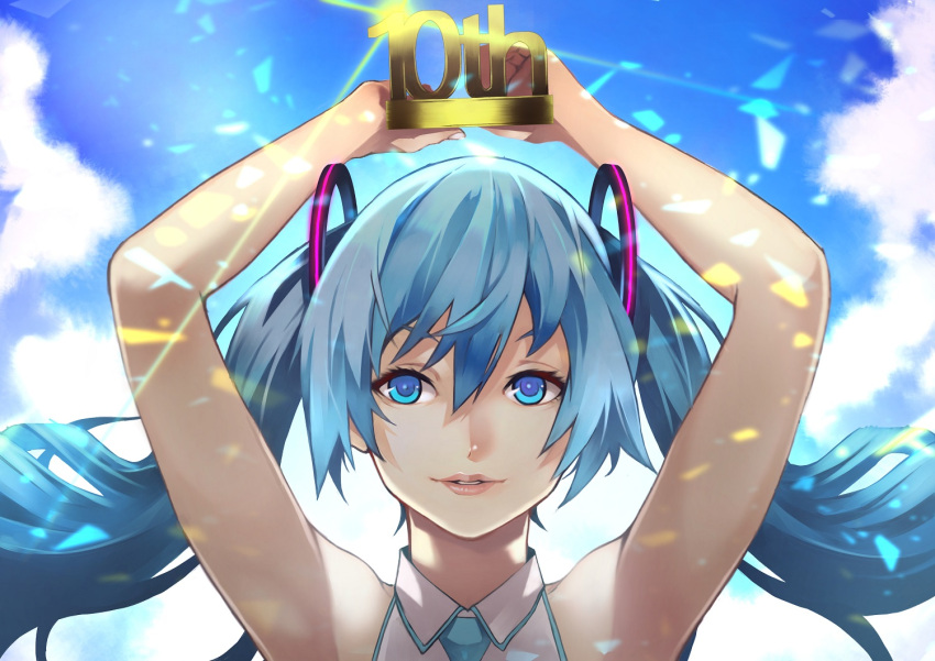 10 1girl 55level anniversary armpits arms_up bare_arms bare_shoulders blue_eyes blue_hair blue_neckwear blue_sky clouds cloudy_sky crown day floating_hair hair_between_eyes happy hatsune_miku holding long_hair looking_at_viewer necktie number outdoors parted_lips shirt sky sleeveless sleeveless_shirt smile solo sparkle teeth twintails vocaloid white_shirt