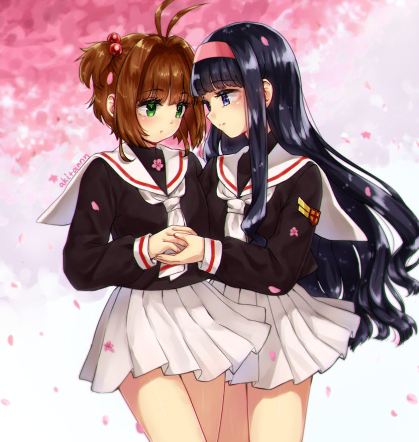 2girls antenna_hair bangs bare_legs black_hair black_serafuku black_shirt blue_eyes blunt_bangs blush brown_hair card_captor_sakura cherry_blossoms closed_mouth couple cousins daidouji_tomoyo eye_contact eyebrows_visible_through_hair female green_eyes hair_bobbles hair_intakes hair_ornament hairband hand_holding highres incest kinomoto_sakura legs long_hair long_sleeves looking_at_another glasses_shinchuu multiple_girls neckerchief petals pleated_skirt sailor_collar school_uniform serafuku shirt short_hair siblings skirt smile standing turtleneck two_side_up very_long_hair wavy_hair white_sailor_collar white_skirt yuri