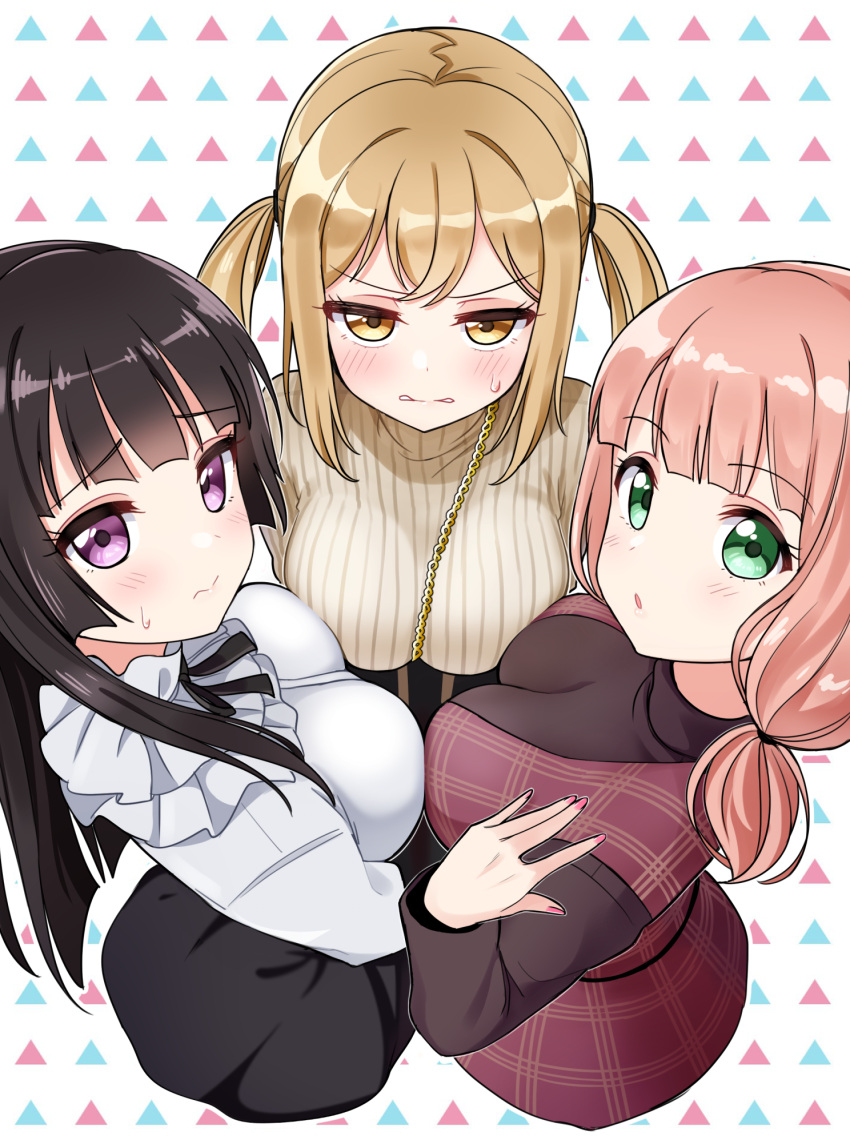 3girls :o bang_dream! bangs between_breasts biting black_hair black_shirt black_skirt blonde_hair blush breast_press breasts chain chains cleavage clenched_teeth deadnooodles dress frilled_shirt_collar frills gold_chain green_eyes hand_on_own_shoulder highres ichigaya_arisa large_breasts lip_biting long_hair long_sleeves looking_at_viewer low_twintails multiple_girls nail_polish patterned_background pinafore_dress pink_hair pink_nails red_dress ribbed_sweater shirokane_rinko shirt sidelocks skirt sweatdrop sweater teeth triangle twintails uehara_himari violet_eyes white_shirt yellow_eyes