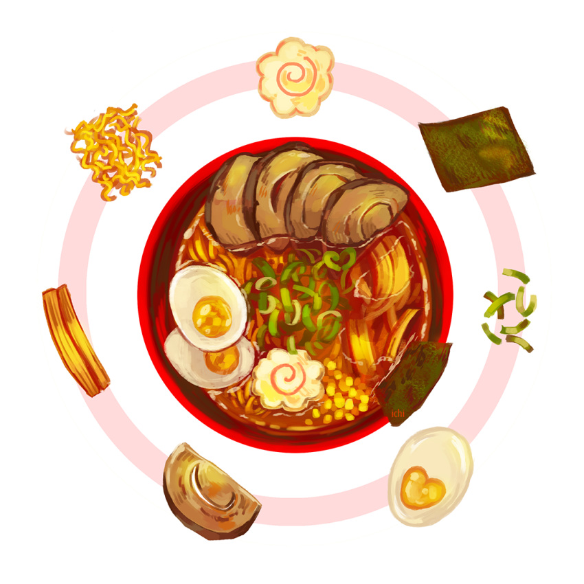bowl commentary_request egg food heart-shaped_food ichiknees kamaboko liquid narutomaki no_humans noodles nori_(seaweed) original ramen vegetable