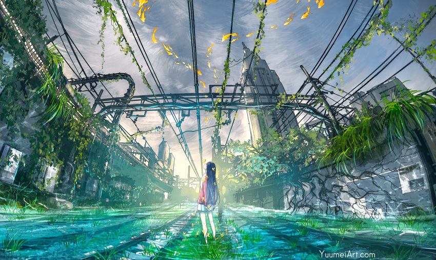 1girl abandoned black_hair bug building butterfly closed_eyes commentary day english_commentary fish from_behind highres insect long_hair original outdoors overgrown overhead_line railroad_tracks ripples solo standing tree water watermark web_address wenqing_yan