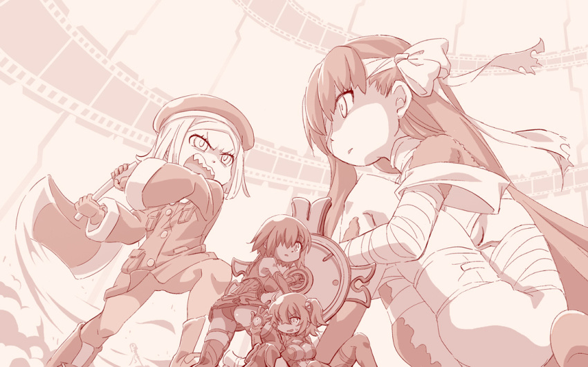 4girls ahoge ass axe bandage bandage_over_one_eye bodysuit chaldea_combat_uniform command_spell commentary_request fate/grand_order fate_(series) fighting fujimaru_ritsuka_(female) giantess hair_over_one_eye hat kingprotea mash_kyrielight monochrome moss multiple_girls nino_(ninouchi_irazu) open_mouth paul_bunyan_(fate/grand_order) shaded_face sharp_teeth shield side_ponytail teeth