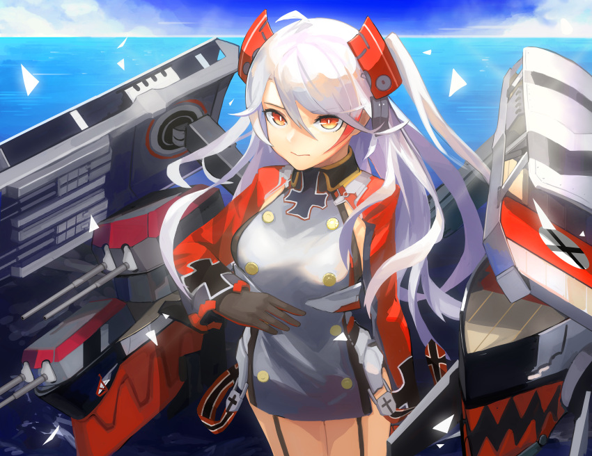 1girl absurdres antenna_hair ao_(1234painter) azur_lane bangs black_gloves blue_sky breasts bright_pupils buttons closed_mouth clouds cowboy_shot day dress garter_straps gloves grey_dress hair_between_eyes hand_up headgear highres iron_cross legs_together long_hair long_sleeves medium_breasts multicolored_hair ocean orange_eyes outdoors prinz_eugen_(azur_lane) redhead rigging short_dress silver_hair sky solo straight_hair streaked_hair swept_bangs turret two-tone_hair very_long_hair water white_pupils
