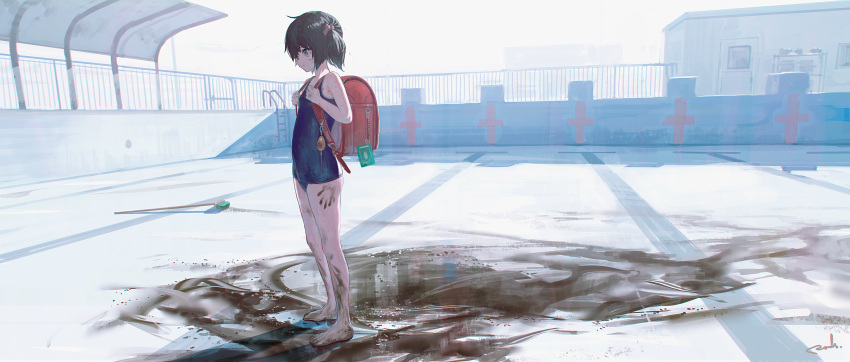 1girl absurdres backpack bag bangs barefoot broom brown_hair dirty dirty_face dirty_feet door expressionless fence green_eyes hair_tie hand_print highres holding_strap looking_to_the_side mud one-piece_swimsuit original pool pool_ladder puddle reoen school_swimsuit short_hair signature solo standing swimsuit twintails