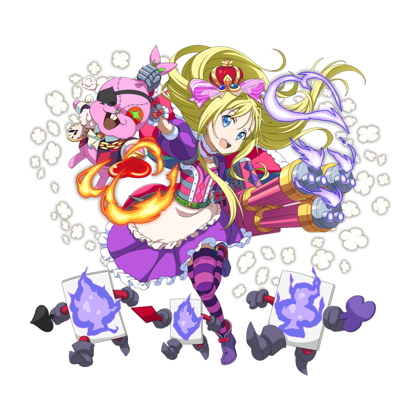 1girl :d alice_in_wonderland alice_schuberg apron belt blonde_hair blue_eyes boots bow choker clock collarbone crown flat_chest floating_hair frilled_apron frilled_skirt frills full_body gauntlets hair_bow highres holding long_hair medium_skirt official_art open_mouth outstretched_arm pink_bow purple_footwear purple_legwear purple_skirt red_bow skirt smile solo striped striped_bow striped_legwear stuffed_animal stuffed_toy sword_art_online thigh-highs transparent_background very_long_hair waist_apron white_apron younger