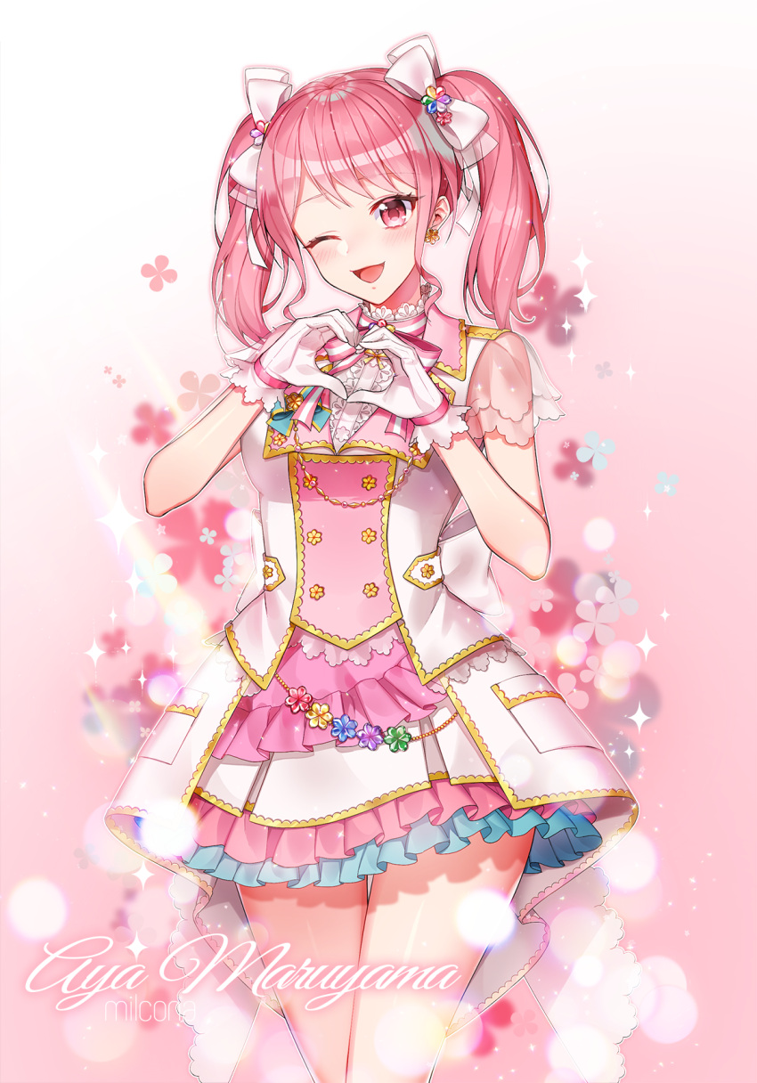 1girl ;d artist_name bang_dream! bangs blann bow character_name dress earrings floral_background flower flower_earrings frilled_dress frills gloves hair_bow hair_flower hair_ornament heart heart_hands highres jewelry maruyama_aya neck_ribbon one_eye_closed open_mouth overskirt pink_eyes pink_hair pink_neckwear ribbon see-through_sleeves short_sleeves sidelocks smile solo sparkle striped striped_neckwear twintails white_bow white_gloves