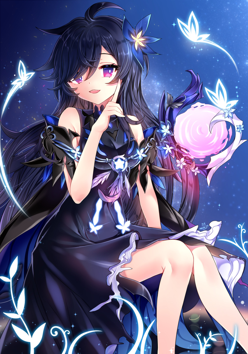 1girl :d ahoge bangs bare_shoulders black_cape black_dress black_hair blue_cape blue_flower breastplate cape commentary dress elsword english_commentary flower hair_flower hair_ornament hair_over_one_eye hand_up highres index_finger_raised laby_(elsword) long_hair multicolored multicolored_cape multicolored_clothes open_mouth sharp_teeth sitting sleeveless sleeveless_dress smile solo teeth very_long_hair violet_eyes xes_(xes_5377)
