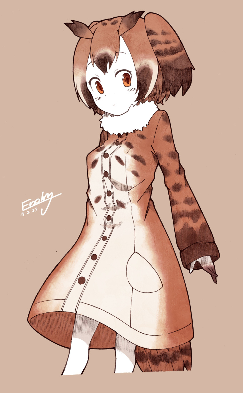 1girl absurdres bird_tail bird_wings blush brown_eyes brown_hair buttons coat commentary_request cowboy_shot enk_0822 eurasian_eagle_owl_(kemono_friends) eyebrows_visible_through_hair fur_collar gloves head_wings highres kemono_friends long_sleeves multicolored_hair owl_ears pantyhose short_hair solo white_hair wings