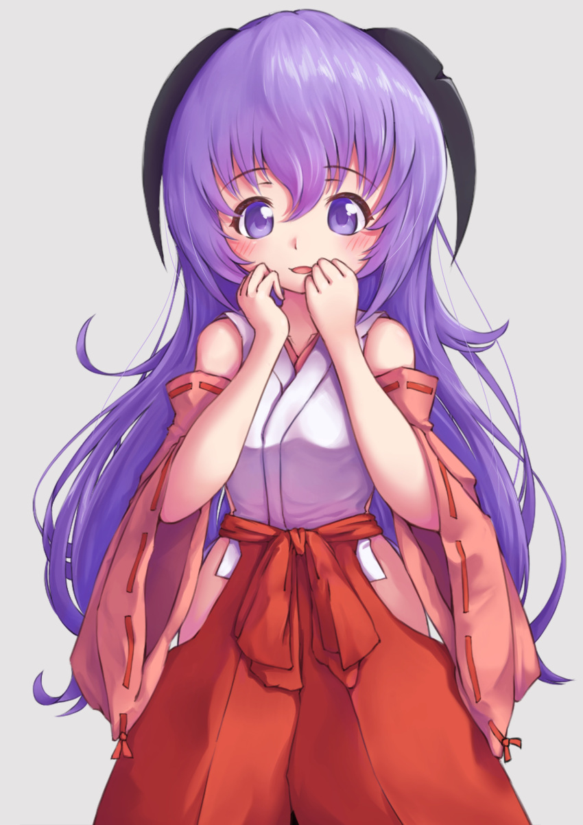 1girl absurdres arms_up b7669726 detached_sleeves hakama hakama_pants hand_to_own_mouth hanyuu highres higurashi_no_naku_koro_ni horns japanese_clothes long_hair miko purple_hair shirt smile solo violet_eyes white_shirt