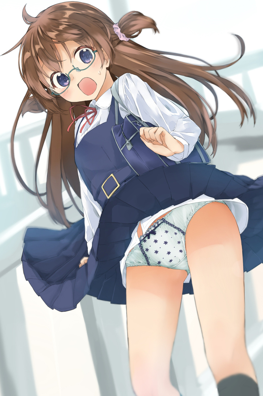 1girl absurdres ahoge amemiya_sekira bag bangs black_legwear blue_dress blurry blurry_background blurry_foreground blush bow bow_panties brown_hair collared_shirt commentary_request depth_of_field dress dutch_angle eyebrows_visible_through_hair glasses green-framed_eyewear hair_ornament hair_scrunchie highres kneehighs long_hair long_sleeves looking_at_viewer neck_ribbon open_mouth original panties pinafore_dress pink_scrunchie print_panties red_ribbon ribbon school_bag scrunchie sekira_ame semi-rimless_eyewear shirt sleeveless sleeveless_dress solo sweat two_side_up under-rim_eyewear underwear very_long_hair violet_eyes white_panties white_shirt wind wind_lift