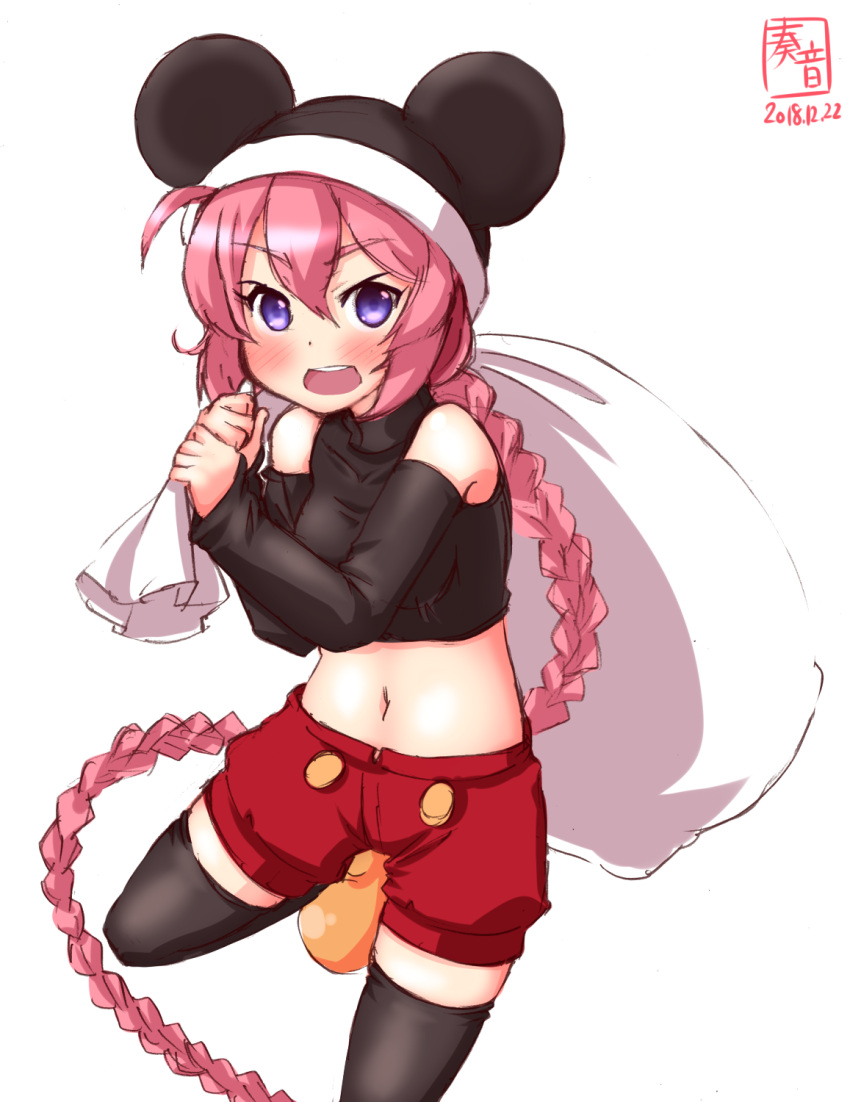 1girl alternate_costume animal_ears artist_logo black_legwear blue_eyes braid breasts commentary_request cosplay cowboy_shot crop_top dated detached_sleeves disney eyebrows_visible_through_hair hair_between_eyes highres kanon_(kurogane_knights) kantai_collection long_hair looking_at_viewer mickey_mouse mickey_mouse_(cosplay) mickey_mouse_ears mouse_ears mouse_tail navel nenohi_(kantai_collection) open_mouth pink_hair red_shorts revision sack shorts simple_background single_braid small_breasts solo tail thigh-highs turtleneck white_background yellow_footwear