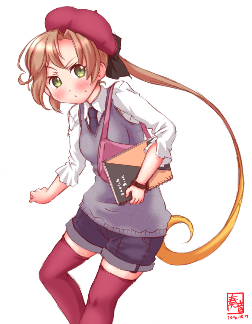 1girl bag beret blouse blush breasts character_request collared_blouse commentary_request dot_nose forehead frilled_sleeves frills gradient_hair green_eyes grey_sweater_vest hat highres holding holding_sketchbook kanon_(kurogane_knights) kantai_collection light_brown_hair long_hair long_sleeves looking_at_viewer multicolored_hair necktie pink_bag puckered_lips purple_hat purple_legwear short_shorts shorts shoulder_bag simple_background sketchbook solo sweatdrop thigh-highs v-neck v-shaped_eyebrows very_long_hair white_background white_blouse wide_hips wing_collar wrists_extended
