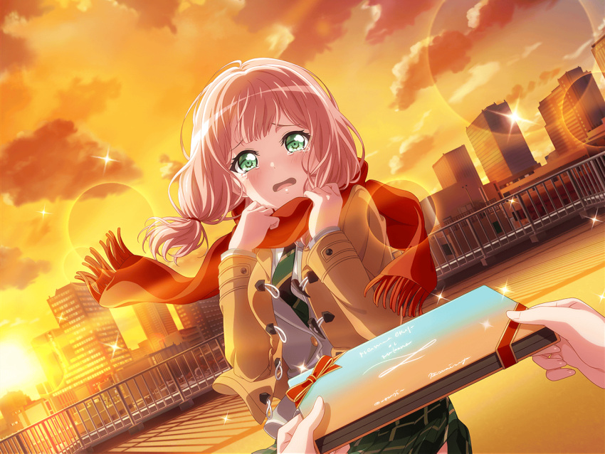 1girl 1other bang_dream! blush cityscape cloud dress gift gift_box green_eyes long_hair looking_at_viewer official_art open_mouth pink_hair pov pov_hands rooftop sad scarf school_uniform smile sparkle sunset tears twintails uehara_himari valentine