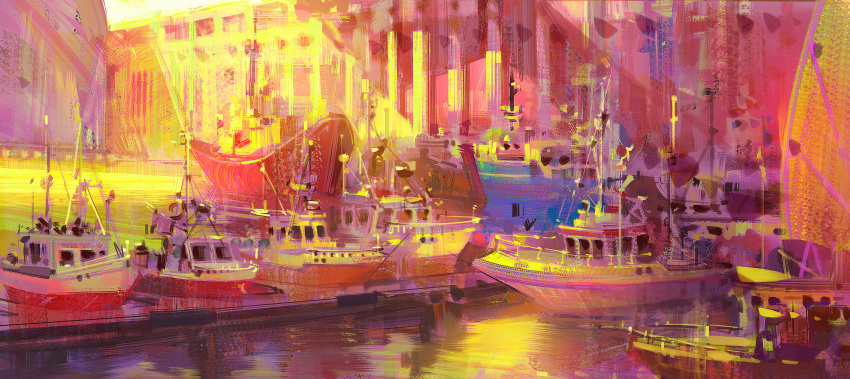 absurdres boat brush_stroke colorful highres huge_filesize kvpk5428 original reflection scenery twilight water watercraft