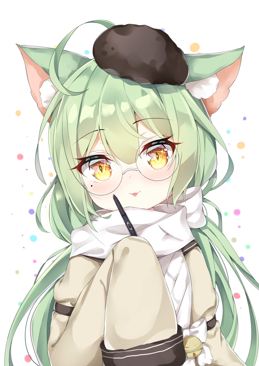 1girl :p absurdres ahoge akashi_(azur_lane) alternate_costume animal_ear_fluff animal_ears azur_lane bangs bell beret bespectacled black_hat blush brown_eyes brown_jacket cat_ears closed_mouth commentary_request eyebrows_visible_through_hair glasses green_hair hair_between_eyes hand_up hat heart highres jacket jingle_bell ju_(a793391187) juliet_sleeves long_hair long_sleeves looking_at_viewer mini_hat puffy_sleeves scarf sleeves_past_fingers sleeves_past_wrists smile solo tongue tongue_out upper_body very_long_hair white_background white_scarf