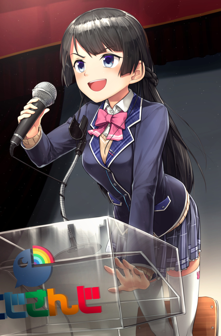 1girl :d black_hair blazer blue_eyes blue_skirt bow braid chair curtains highres holding holding_microphone indoors jacket leaning_forward long_hair looking_afar microphone microphone_stand nijisanji open_mouth pink_bow pink_neckwear plaid plaid_skirt podium randle school_uniform skirt smile solo standing thigh-highs transparent tsukino_mito very_long_hair virtual_youtuber white_legwear