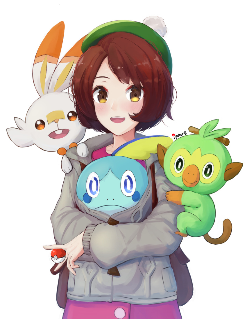 1girl :d animal animal_on_shoulder artist_name backpack bag beret blue_eyes blush brown_eyes brown_hair creatures_(company) female_protagonist_(pokemon_swsh) game_freak green_eyes green_hat grookey hat highres holding holding_poke_ball ippers jacket looking_at_viewer nintendo open_mouth poke_ball pokemon pokemon_(game) pokemon_swsh scorbunny short_hair simple_background smile sobble solo upper_body white_background