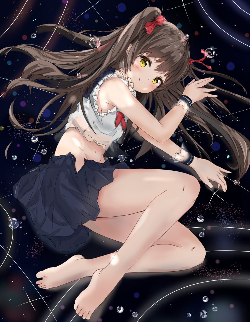 1girl absurdres bare_arms bare_shoulders barefoot black_skirt blush bow brown_hair bubble closed_mouth crop_top floating_hair frilled_shirt frills full_body groin hair_bow hand_up highres long_hair midriff miniskirt moe2019 na_kyo navel original red_bow shirt sidelocks skirt sleeveless sleeveless_shirt smile solo thighs two_side_up white_shirt wrist_cuffs yellow_eyes